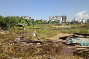 Khu đất thực hiện dự án Trung tâm văn hóa kết hợp phục vụ sinh hoạt cộng đồng Khu dân cư Phú Mỹ An là bãi đất cây cỏ mọc um tùm và trũng thấp. Ảnh: Nhiệt Băng