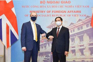 Bộ trưởng Ngoại giao Bùi Thanh Sơn và Bộ trưởng Ngoại giao và Phát triển Anh Dominic Raab (Ảnh: Tuấn Anh)