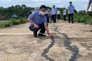 Phó Chủ tịch UBND tỉnh Thanh Hoá Lê Đức Giang kiểm tra, chỉ đạo khắc phục sự cố nứt mặt đê sông Bưởi