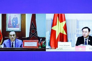 Chủ tịch Quốc hội Vương Đình Huệ đã có cuộc hội đàm trực tuyến với Chủ tịch Hạ viện Morocco Habib El Malki (Ảnh TTXVN).