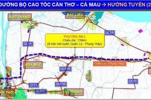 Phương án tuyến cao tốc Cần Thơ - Cà Mau. (Ảnh: Bộ GTVT).
