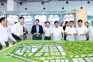 Bộ trưởng Bộ Kế hoạch và Đầu tư (thứ 4 từ phải sang) nghe giới thiệu về kết quả thu hút đầu tư vào VSIP Nghệ An