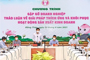 Lãnh đạo tỉnh Đồng Tháp gặp gỡ doanh nghiệp thảo luận về giải pháp thích ứng và khôi phục hoạt động sản xuất - kinh doanh. Ảnh: Nguyệt Ánh