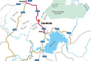 Hướng tuyến kết nối Bình Phước và Đồng Nai do UBND tỉnh Bình Phước đề xuất qua cầu Mã Đà.