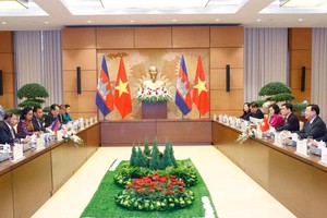 Chủ tịch Quốc hội Vương Đình Huệ hội đàm với Chủ tịch Thượng viện Campuchia Samdech Say Chhum.