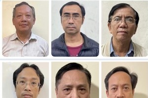 Các bị can liên quan sai phạm tại Trung tâm công nghệ sinh học TP.HCM (từ trái qua phải): Dương Hoa Xô; Nguyễn Đăng Quân; Nguyễn Viết Thạch; Nguyễn Trần Long; Nguyễn Minh; Trần Vinh Vũ.