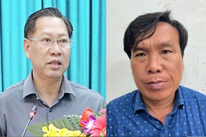 Bị can Phùng Mỹ Luông (bên phải) cùng Phó chủ tịch UBND tỉnh An Giang Trần Anh Thư, trong vụ án khai thác cát trái phép.