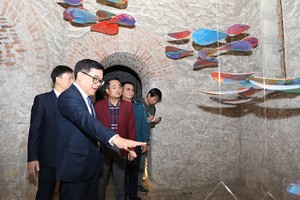 Các đại biểu và du khách tham quan "Sắp đặt nước và di sản tháp nước hàng Đậu”. (Ảnh: Lê Hải)