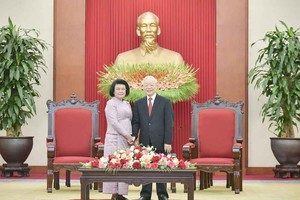 Tổng Bí thư Nguyễn Phú Trọng tiếp Chủ tịch Quốc hội Vương quốc Campuchia Samdech Khuon Sudary (Ảnh: Quochoi.vn)