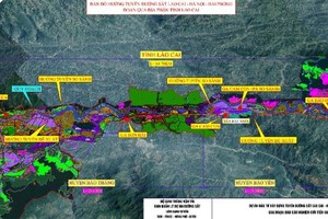 Bản đồ hướng tuyến đường sắt Lào Cai - Hà Nội - Hải Phòng đoạn qua tỉnh Lào Cai. 