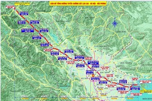 Bản đồ tổng thể hướng tuyến đường sắt Lào Cai - Hà Nội - Hải Phòng.
