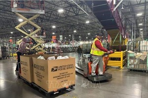 Nhân viên Bưu điện Mỹ làm việc tại Los Angeles, California. Ảnh: REUTERS/TTXVN