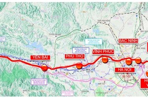 Hướng tuyến đường sắt Lào Cai - Hà Nội - Hải Phòng.