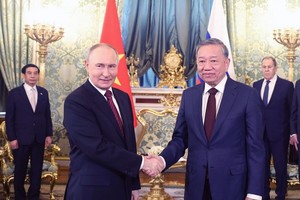 Tổng Bí thư Tô Lâm hội đàm hẹp với Tổng thống Nga Vladimir Putin. Ảnh: TTXVN 