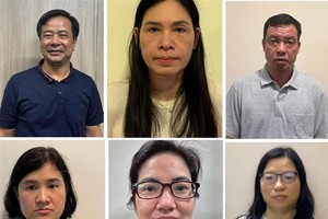 Vợ chồng Nghiêm Quốc Hưng (phía trên bên trái) và các đồng phạm bị khởi tố. Ảnh: BCA