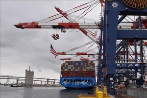 Tàu chở hàng hóa neo tại cảng Long Beach ở California, Mỹ. Ảnh: THX/TTXVN