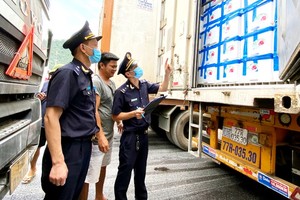 Công chức Hải quan Tân Thanh kiểm tra vải tươi xuất khẩu. (Ảnh: H.Vân)