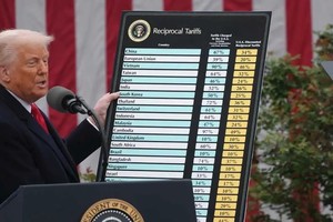 Tổng thống Donald Trump công bố kế hoạch thuế đối ứng đối với hầu hết các đối tác thương mại của Mỹ vào ngày 2/4. Ảnh: AFP