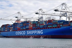 Tàu chở hàng hóa Trung Quốc neo tại cảng Long Beach ở Los Angeles, Mỹ. Ảnh: THX/TTXVN