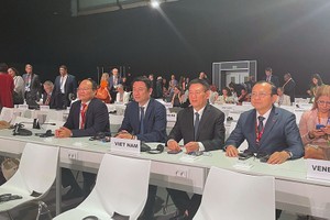 Phó thủ tướng Chính phủ Hồ Đức Phớc dẫn đầu đoàn đại biểu Việt Nam tham dự Phiên khai mạc của Hội nghị FfD4. Ảnh: BNG. 