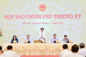 Bộ trưởng, Chủ nhiệm Văn phòng Chính phủ Trần Văn Sơn trả lời báo chí tại buổi họp báo. (Ảnh: Mạnh Tuấn).