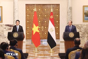 Chủ tịch nước Lương Cường và Tổng thống Ai Cập Abdel Fattah El-Sisi gặp gỡ báo chí để thông tin về kết quả hội đàm. Ảnh: TTXVN