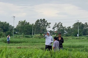 Cán bộ Trung tâm Phát triển quỹ đất tỉnh Gia Lai cùng địa phương, người dân thực hiện kiểm kê, đo đạc đất và tài sản trên đất để bồi thường, giải phóng mặt bằng xây dựng khu tái định cư ở xã An Nhơn Tây phục vụ Dự án Đường sắt cao tốc. Ảnh: T.S. 