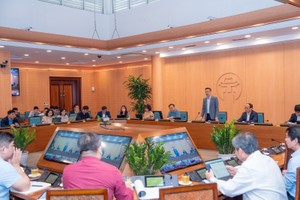 Quang cảnh hội nghị tại điểm cầu UBND TP. Hà Nội.