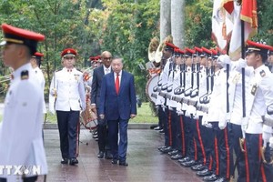 Tổng Bí thư, Chủ tịch nước Tô Lâm và Tổng thống Singapore Tharman Shanmugaratnam duyệt Đội danh dự. (Ảnh: Thống Nhất/TTXVN) 