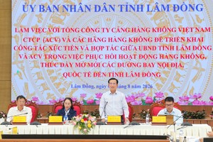 Chủ tịch UBND tỉnh Lâm Đồng Hồ Văn Mười (đứng) làm việc với Tổng công ty Cảng hàng không Việt Nam (ACV) và các hãng hàng không. Ảnh: Hạ Chúc 
