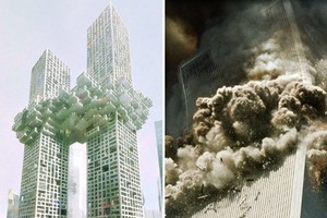 Hình ảnh so sánh giữa tòa tháp "Đám mây" của Hàn Quốc và cảnh tòa tháp đôi WTC New York bốc cháy. Ảnh: inhabitat