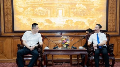 Chủ tịch thành phố Huế (bên phải) làm việc với Giám đốc Trung tâm điều hành của Hãng hàng không Quốc tế Donghai Airlines.