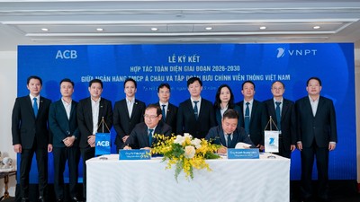 Lãnh đạo ACB và VNPT thực hiện nghi thức ký kết thỏa thuận hợp tác toàn diện giai đoạn 2026–2030.