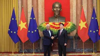 Chủ tịch nước Lương Cường đón Chủ tịch Hội đồng châu Âu António Costa. Ảnh: Đức Thanh.