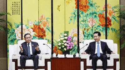 Chủ tịch Quốc hội Trần Thanh Mẫn tiếp Bí thư Tỉnh ủy, Chủ nhiệm Ủy ban Thường vụ Nhân đại tỉnh Thiểm Tây (Trung Quốc) Triệu Nhất Đức. (Ảnh: Doãn Tấn/TTXVN).