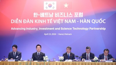 Thủ tướng Lê Minh Hưng và Tổng thống Hàn Quốc Lee Jae Myung tham dự Diễn đàn Kinh tế Việt Nam - Hàn Quốc vào chiều ngày 23/4 (Ảnh: VGP)