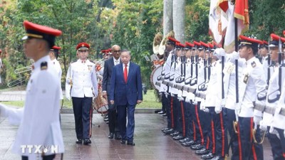 Tổng Bí thư, Chủ tịch nước Tô Lâm và Tổng thống Singapore Tharman Shanmugaratnam duyệt Đội danh dự. (Ảnh: Thống Nhất/TTXVN) 