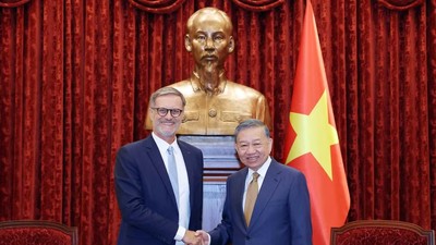 Tổng Bí thư, Chủ tịch nước Tô Lâm tiếp Đại sứ Cộng hòa Pháp tại Việt Nam Olivier Brochet đến chào từ biệt nhân dịp kết thúc nhiệm kỳ công tác tại Việt Nam. (Ảnh: Thống Nhất/TTXVN)