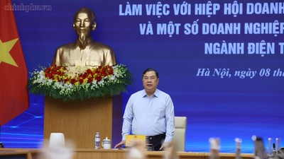 Phó Thủ tướng Thường trực Phạm Gia Túc làm việc với Hiệp hội Doanh nghiệp điện tử Việt Nam và một số doanh nghiệp xuất nhập khẩu lớn trong ngành điện tử, bán dẫn - Ảnh: chinhphu.vn