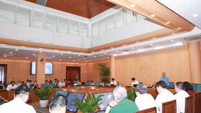 Quang cảnh hội nghị tại điểm cầu trụ sở UBND TP. Hà Nội.