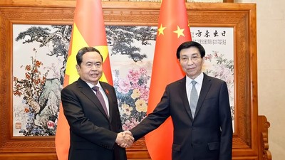 Chủ tịch Quốc hội Trần Thanh Mẫn hội kiến Chủ tịch Chính hiệp toàn quốc Trung Quốc Vương Hộ Ninh. (Ảnh: Doãn Tấn/TTXVN)