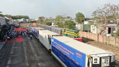 Một đoàn tàu chở container lạnh tại ga Sóng Thần. 