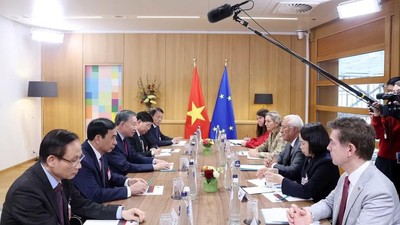 Tổng Bí thư, Chủ tịch nước Tô Lâm gặp hẹp Chủ tịch Hội đồng châu Âu Antonio Costa trước hội đàm. (Ảnh: Thống Nhất/TTXVN)