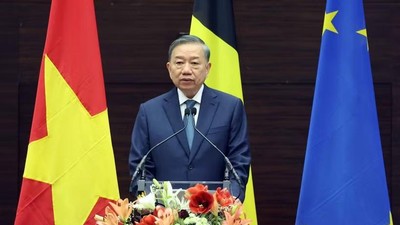 Tổng Bí thư, Chủ tịch nước Tô Lâm phát biểu chính sách tại Viện Quan hệ quốc tế Hoàng gia Egmont. (Ảnh: Thống Nhất/TTXVN)