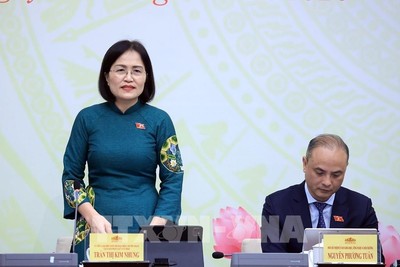 Bà Trần Thị Kim Nhung, Ủy viên hoạt động chuyên trách tại Ủy ban Pháp luật và Tư pháp của Quốc hội trả lời tại họp báo - Ảnh: TTXVN