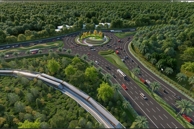 Phối cảnh đường ĐT 975B và hệ thống tàu điện LRT sau khi hoàn thành. Ảnh: Sun Group.