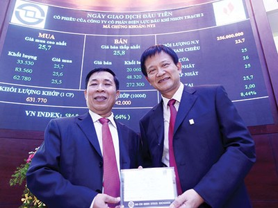 Chủ tịch HĐQT Lê Tự Hiểu và TGĐ Hoàng Xuân Quốc nhận bảng lưu niệm ngày khớp lệnh đầu tiên của HOSE