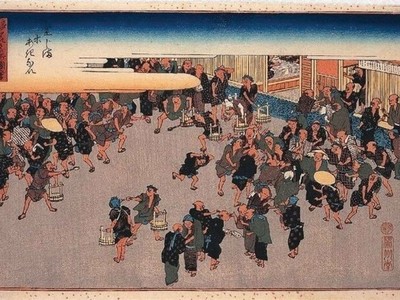 Tranh vẽ minh họa thị trường giao dịch phái sinh nông phẩm tại Dojima, hiện đang trưng bày tại phòng truyền thống Sở giao dịch Osaka, Nhật Bản.