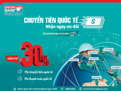 Kienlongbank ưu đãi giảm 30% phí thanh toán quốc tế đến cuối năm 2019