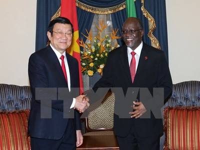Tổng thống nước Cộng hòa Thống nhất Tanzania John Magufuli đón Chủ tịch nước Trương Tấn Sang. (Ảnh: Vietnam+)